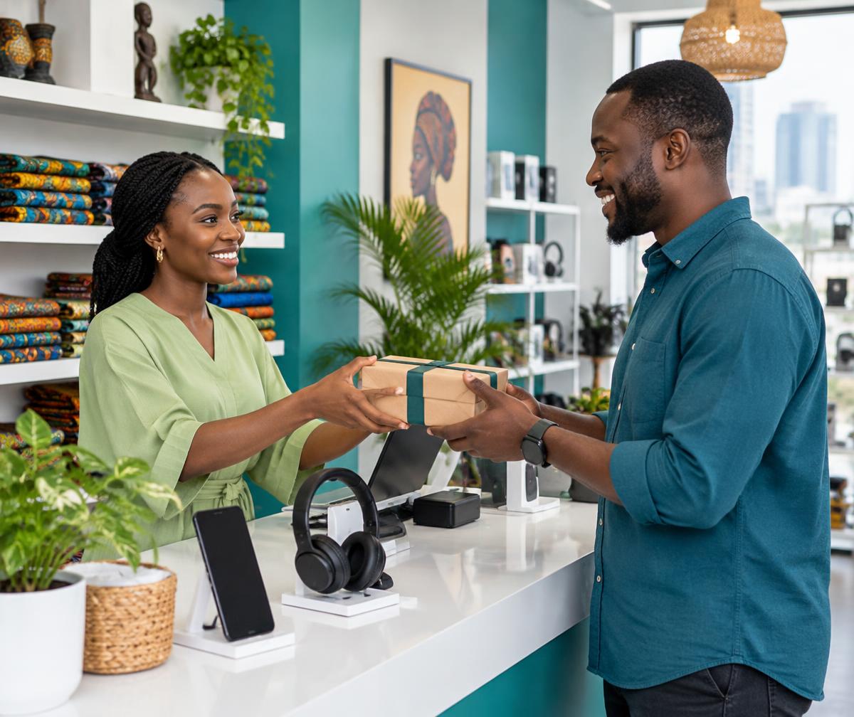 A Nigerian shop owner handing a package to a customer